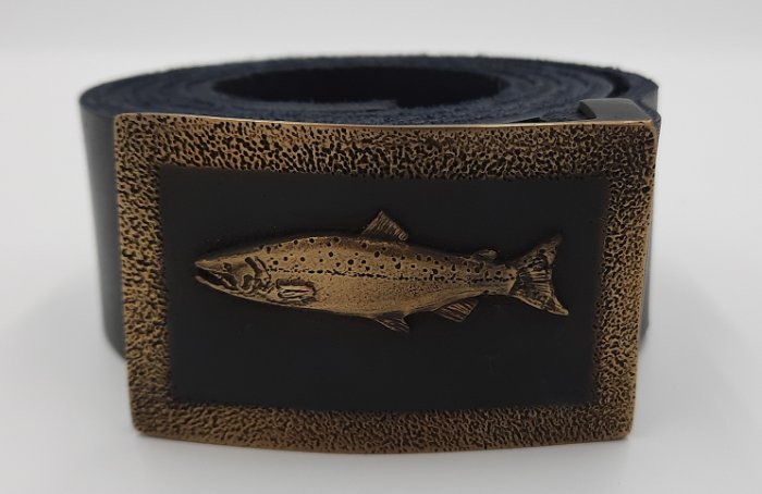Handmade Leather Belt With Bronze Belt Buckle And Molded Salmon