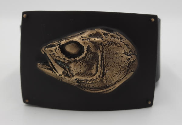 Handmade leather belt With Bronze belt buckle and a trout