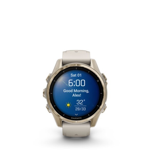 Fenix8_43_HR_SoftGold_FogGray_Front_0009_fenix8_morning_report_clear_sunny Garmin fenix 8 – 43 mm, AMOLED
