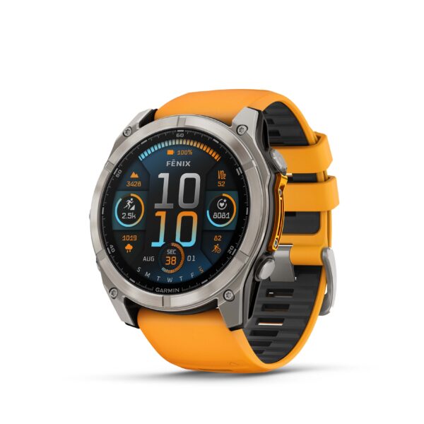 Fenix8_51_HR_Titanium_SparkOrange_Front-left_0015_fenix8_wf_47_51mm_sapphire_bare Garmin fenix 8 – 51 mm, AMOLED BLK