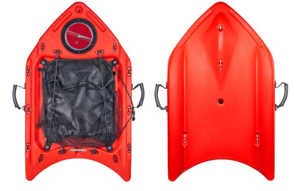 Inflatable spearfishing float board by Rob Allen with gear hatch