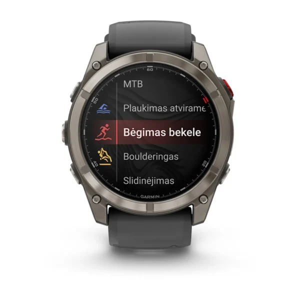 Garmin Fenix 8 Pro iš šono su raudonu mygtuku